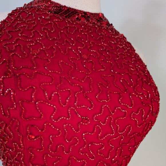 Vintage Cache Prom Dress Maxi Gown Red XS Glam Silk Bead 90s Y2K Pageant Classic - Picture 10 of 16